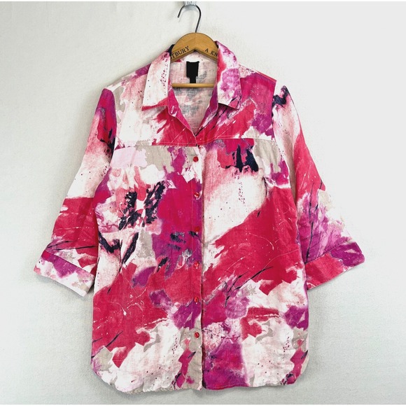 Jackets & Blazers - 100%‎ Linen Colorful Shirt Jacket 3/4 Sleeve Pockets Button Up Pink Collared